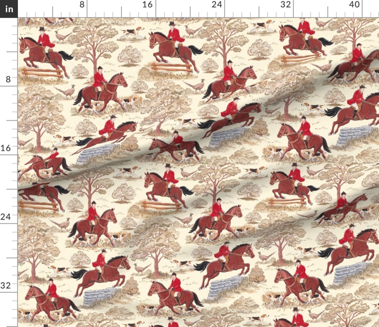 Horses Hunting Fox Hunt Toile English Countryside Rustic Traditional Classic Hunt Equestrian Custom Printed Fabric by Spoonflower Various Fabrics by the Yard or Fat Quarter